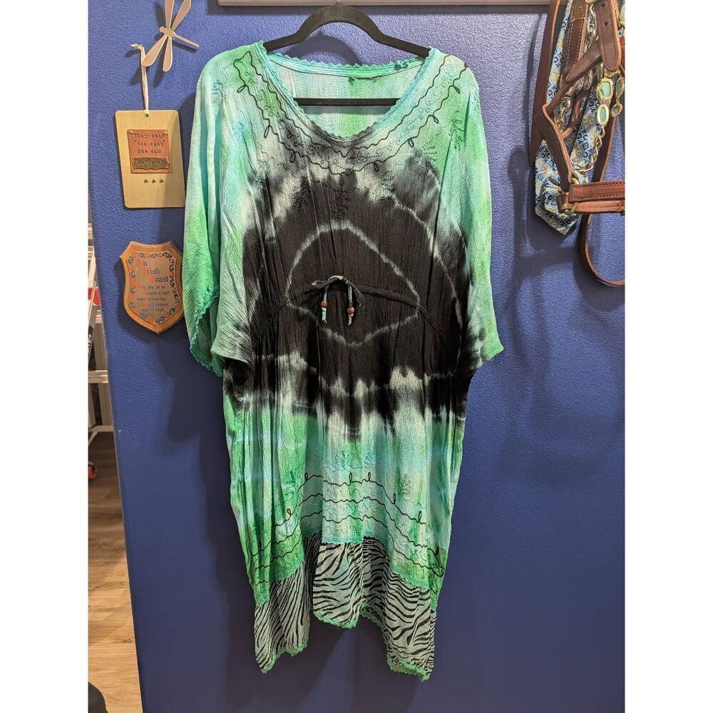 Boho Tie Dye Swimsuit Cover Up Rayon Kaftan Tunic Teal Green Black Zebra Hem O/S